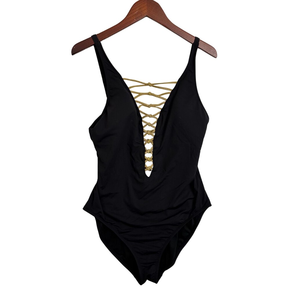 Bleu Rod Beattie Women's 14 Black One Piece Swimsuit Gold Lace Up Plunge